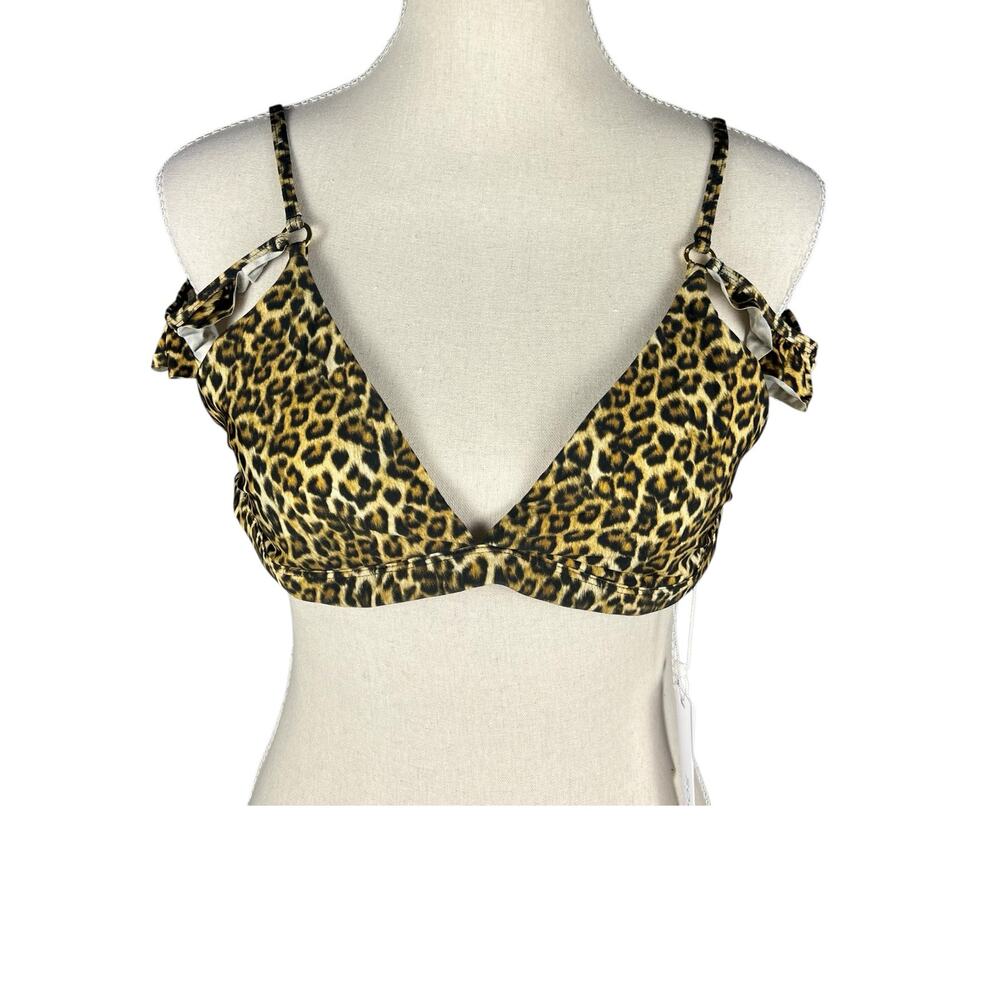 Solido Leopard Ruffle Triangle Bikini Top Y2K Halter Swim Large NWT
